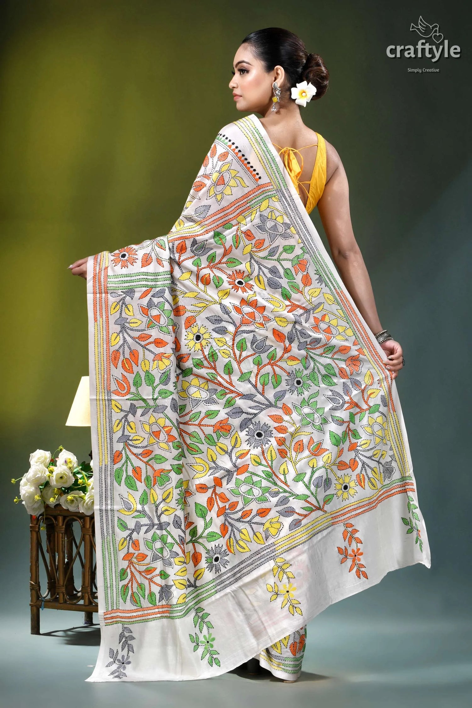 Floral white multicolor thread silk kantha stitch saree woman wears white saree adorned 6
