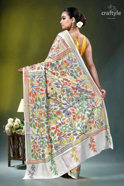 Floral white multicolor thread silk kantha stitch saree woman wears white saree adorned 6