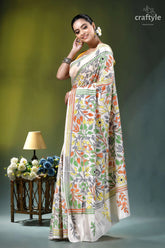 Floral white multicolor thread silk kantha stitch saree woman wears cream-colored saree intricate 3