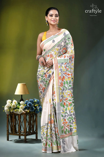 Floral white multicolor thread silk kantha stitch saree woman wears cream-colored saree vibrant 7
