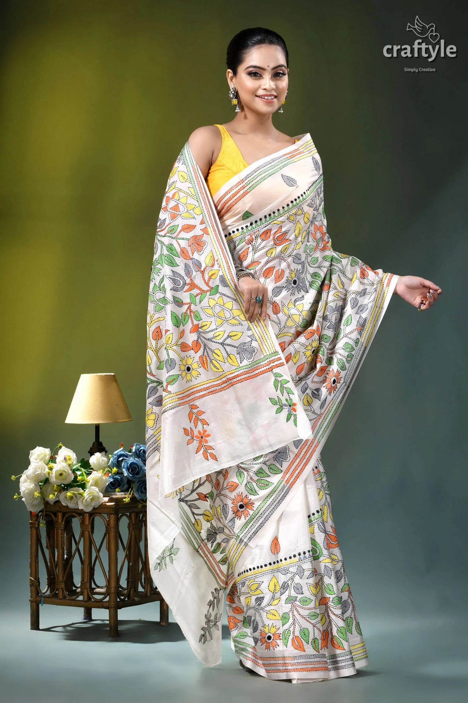 Floral white multicolor thread silk kantha stitch saree woman wears white saree adorned 5