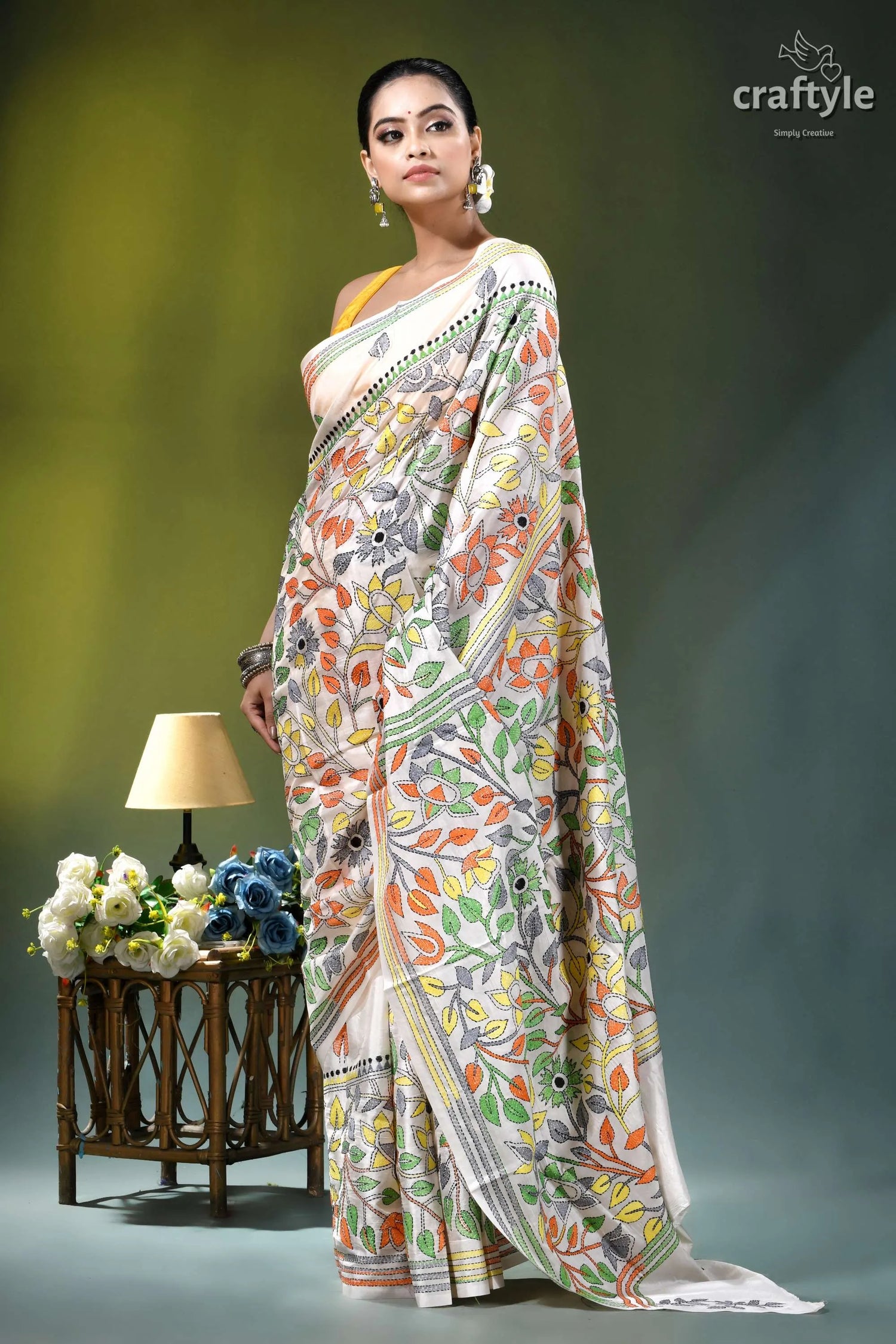 Floral white multicolor thread silk kantha stitch saree woman wears white silk saree 4