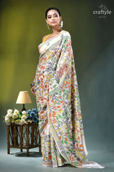 Floral white multicolor thread silk kantha stitch saree woman wears white silk saree 4
