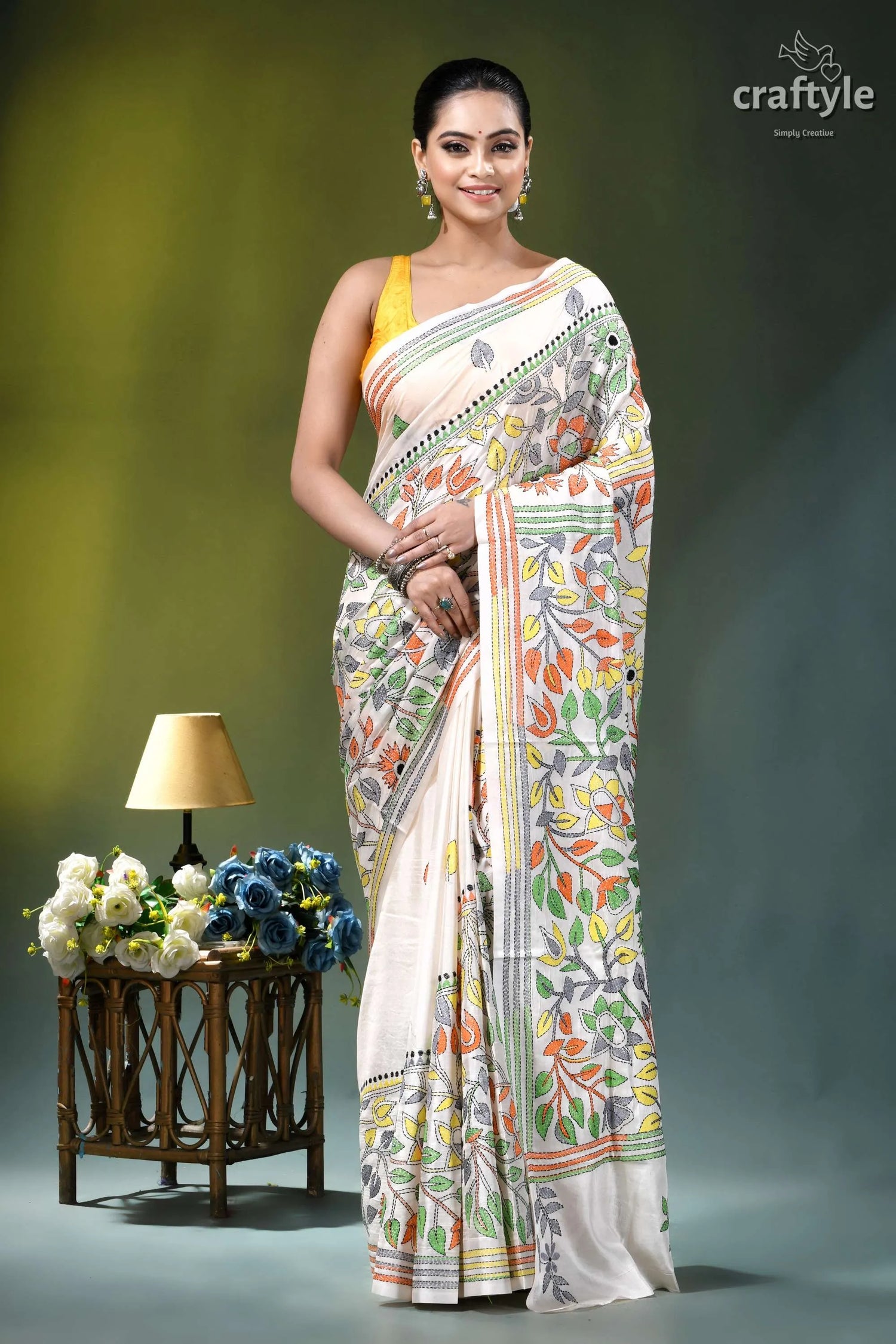 Floral white multicolor thread silk kantha stitch saree woman wears cream-colored hand-block printed 1