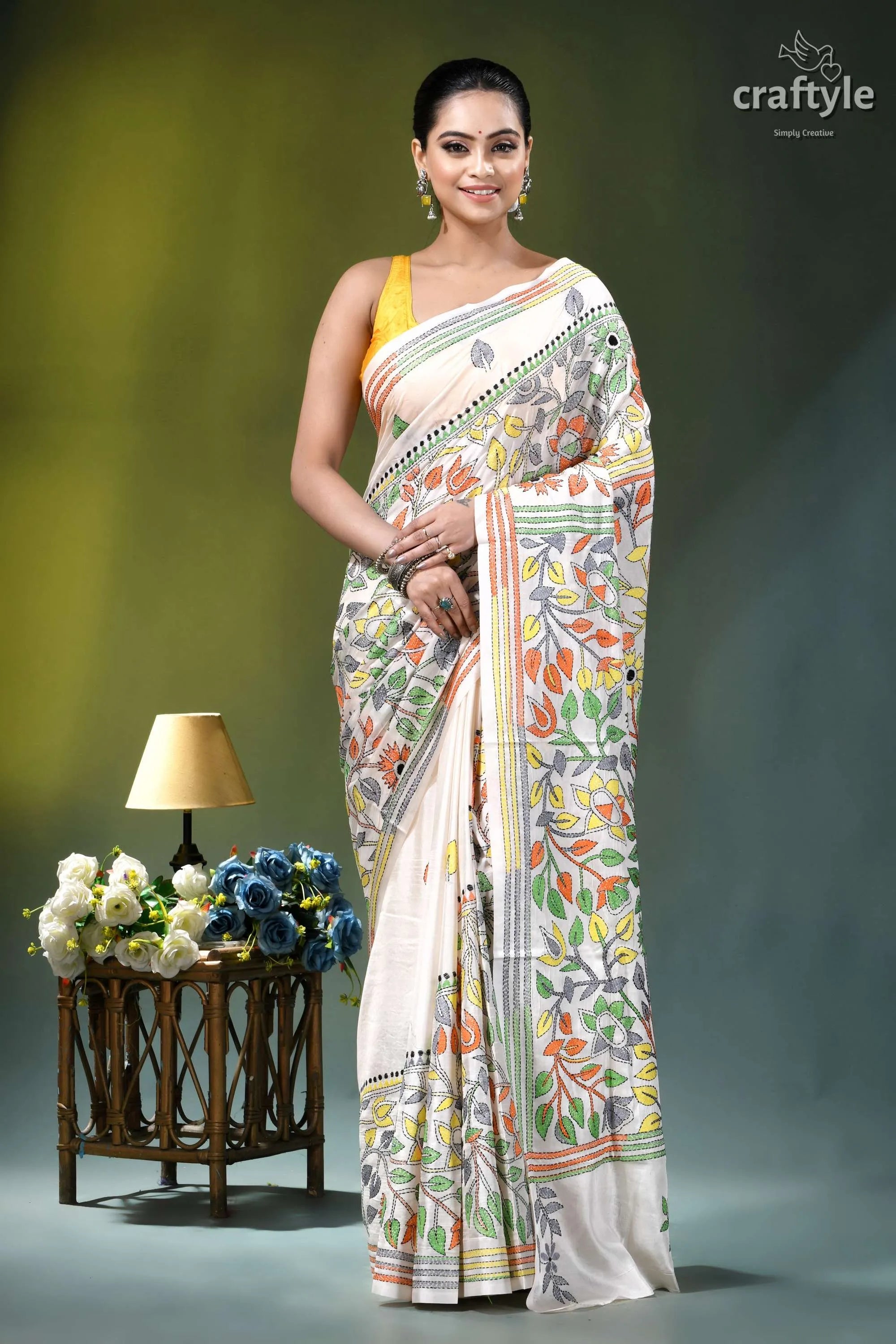 Floral white multicolor thread silk kantha stitch saree woman wears cream-colored hand-block printed 1