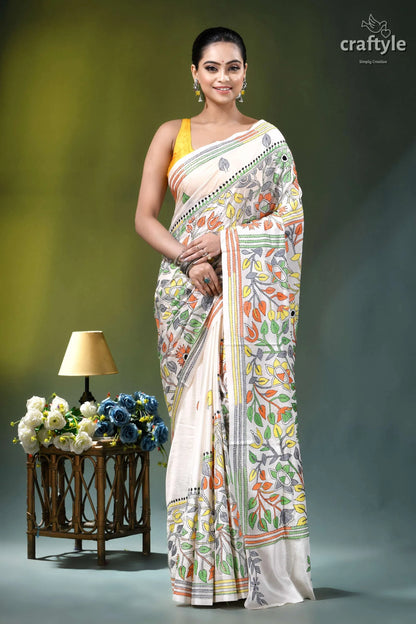 Floral white multicolor thread silk kantha stitch saree woman wears cream-colored hand-block printed 1