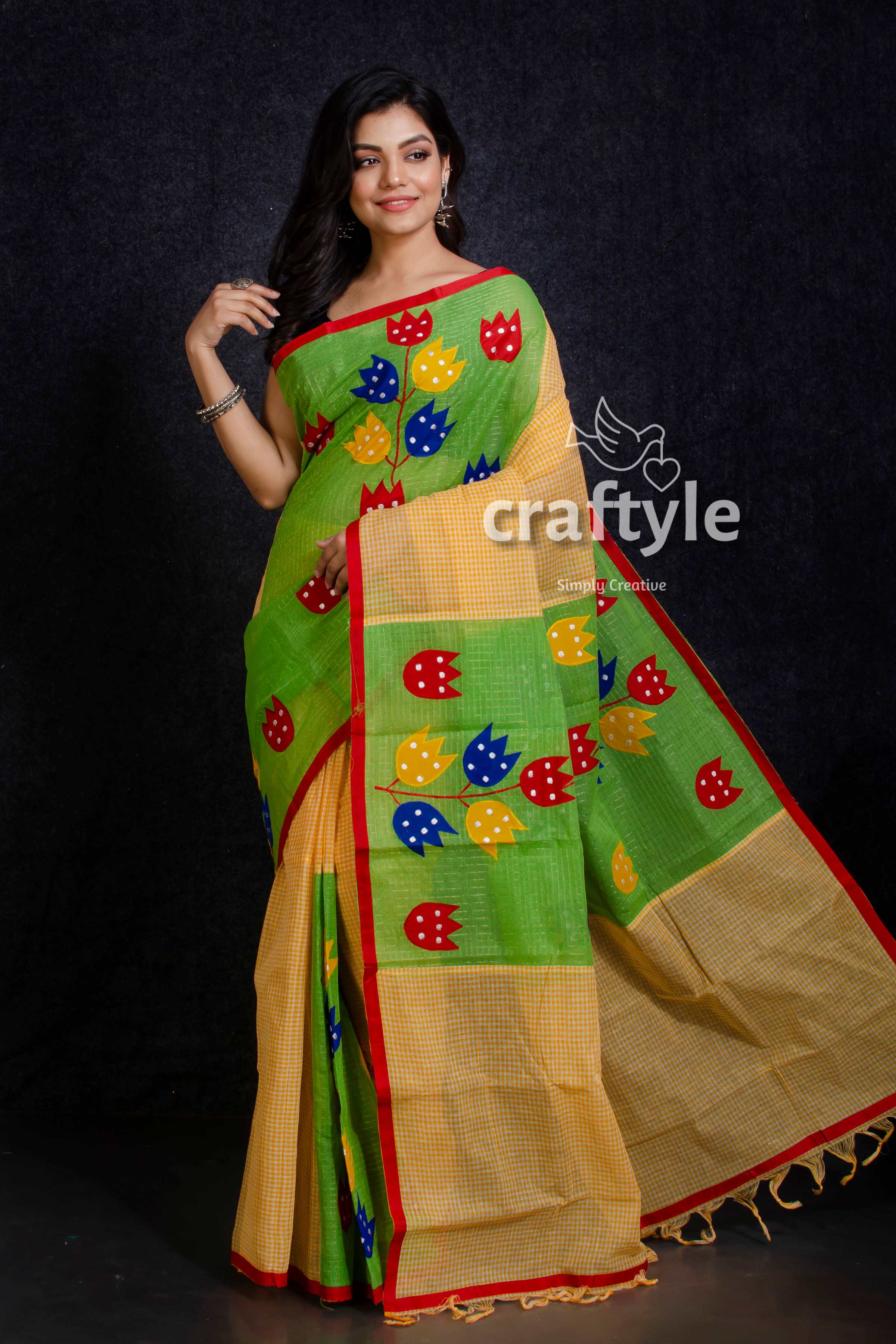 Flower Design Applique Work Pure Cotton Saree-Craftyle