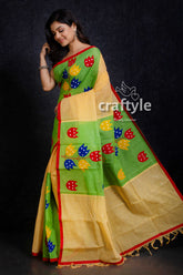 Flower Design Applique Work Pure Cotton Saree-Craftyle