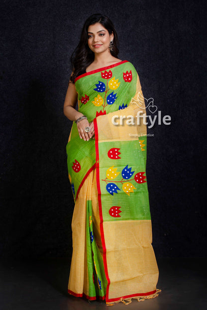 Flower Design Applique Work Pure Cotton Saree-Craftyle