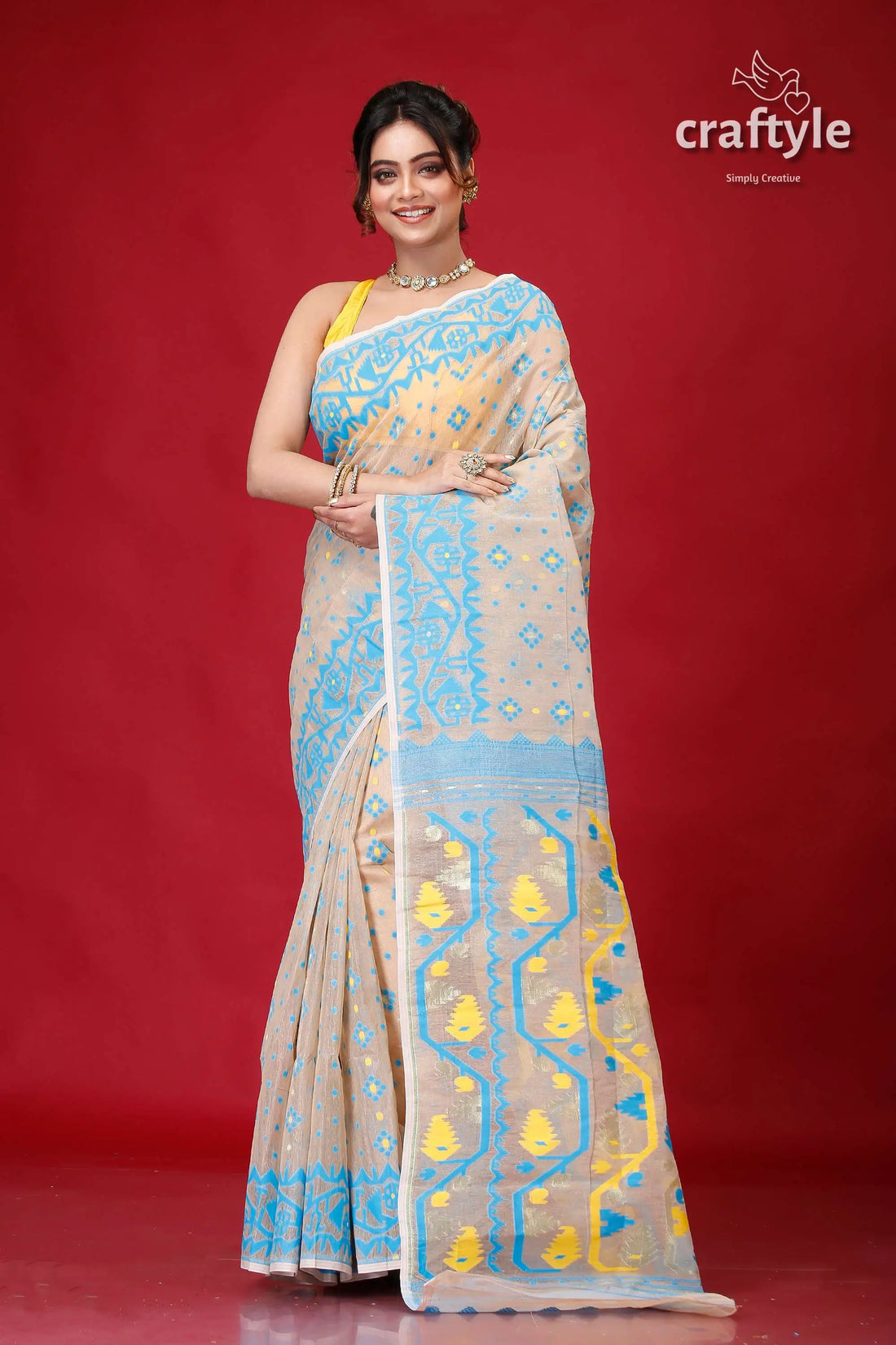 Foggy gray finest jamdani sari woman beige blue saree 1