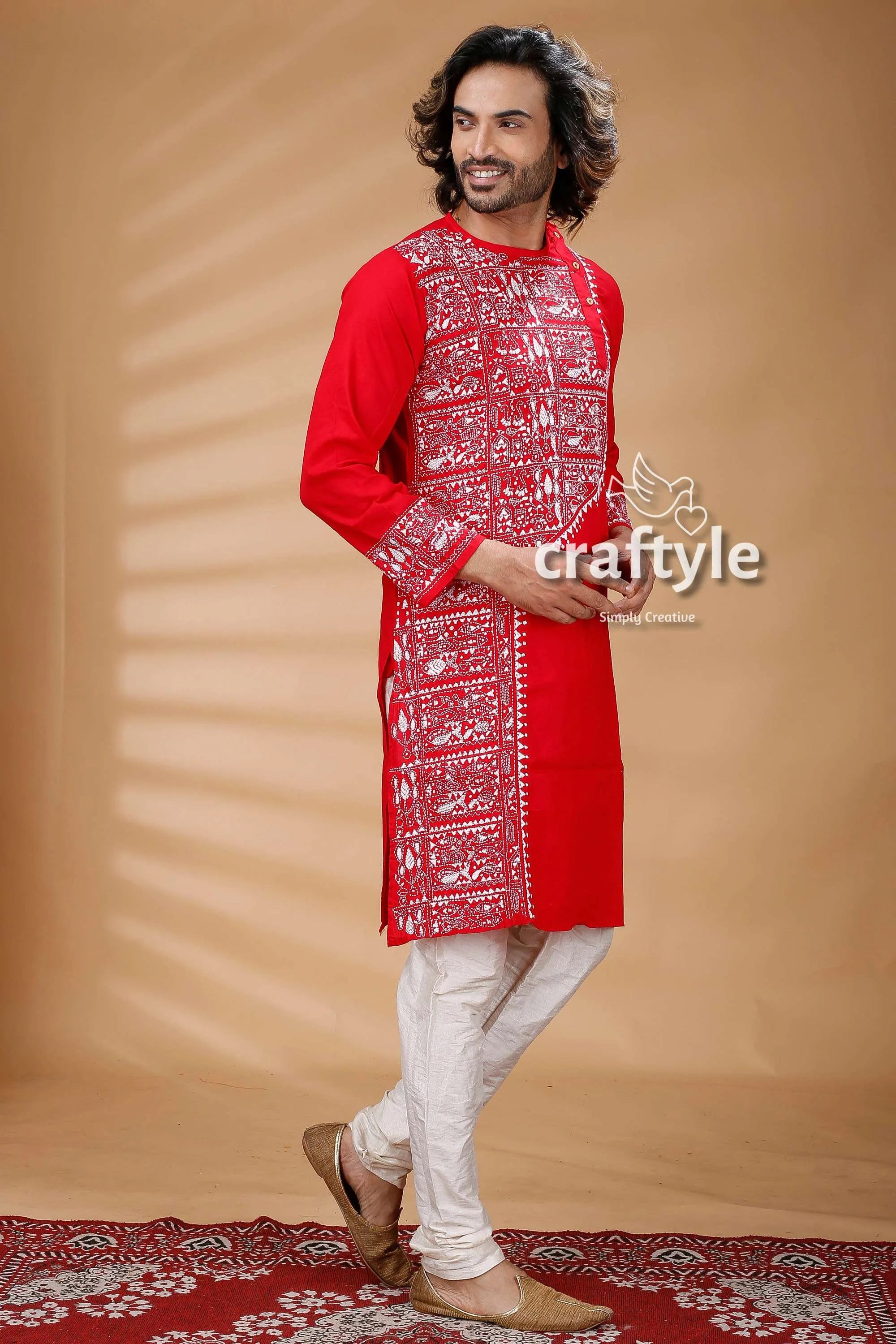 Folk design red kantha stitch designer cotton panjabi for men kurta intricate white embroidery 3