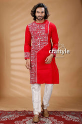 Folk design red kantha stitch designer cotton panjabi for men vibrant kurta intricate 1