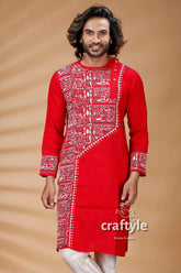 Folk design red kantha stitch designer cotton panjabi for men kurta intricate white 2