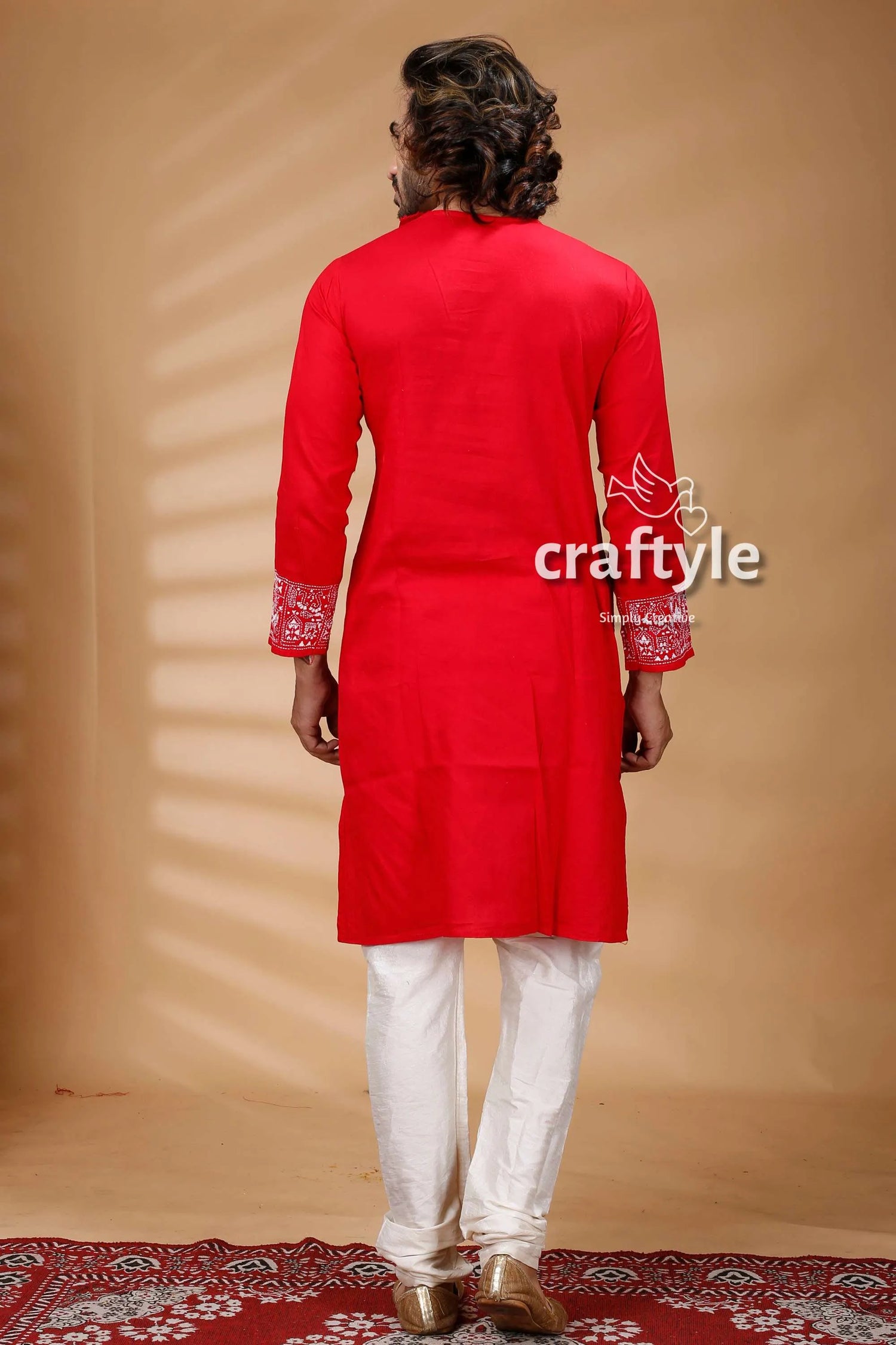 Folk design red kantha stitch designer cotton panjabi for men vibrant traditional kurta intricate 4