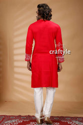 Folk design red kantha stitch designer cotton panjabi for men vibrant traditional kurta intricate 4