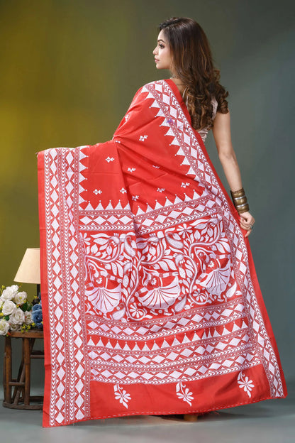 Folk motif vermilion red hand kantha embroidery silk saree vibrant red saree intricate white 4