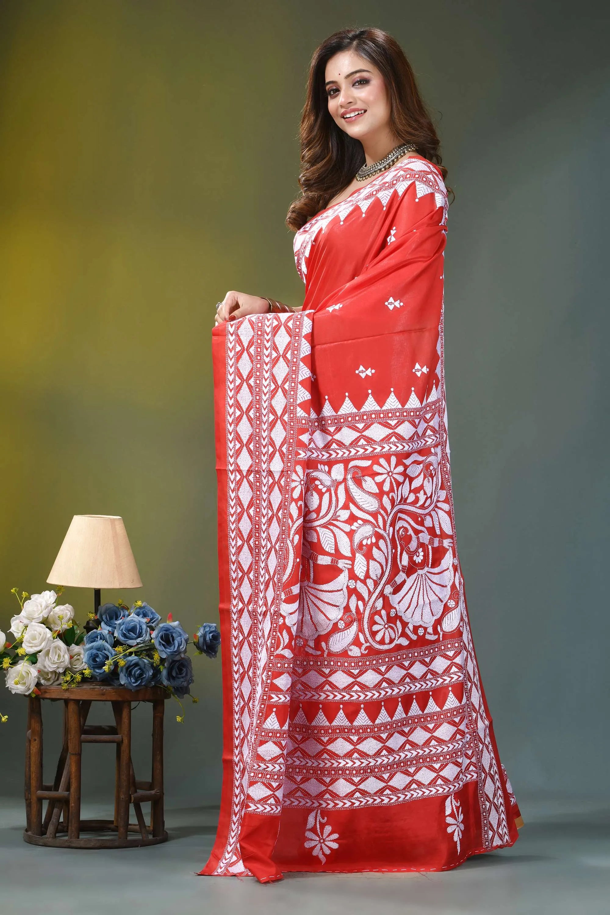 Folk motif vermilion red hand kantha embroidery silk saree vibrant red white patterned saree 3