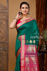 Forest green bomkai silk saree with zari border - stylish and elegant emerald green saree pink gold 2