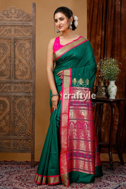 Forest green bomkai silk saree with zari border - stylish and elegant woman green pink saree 3