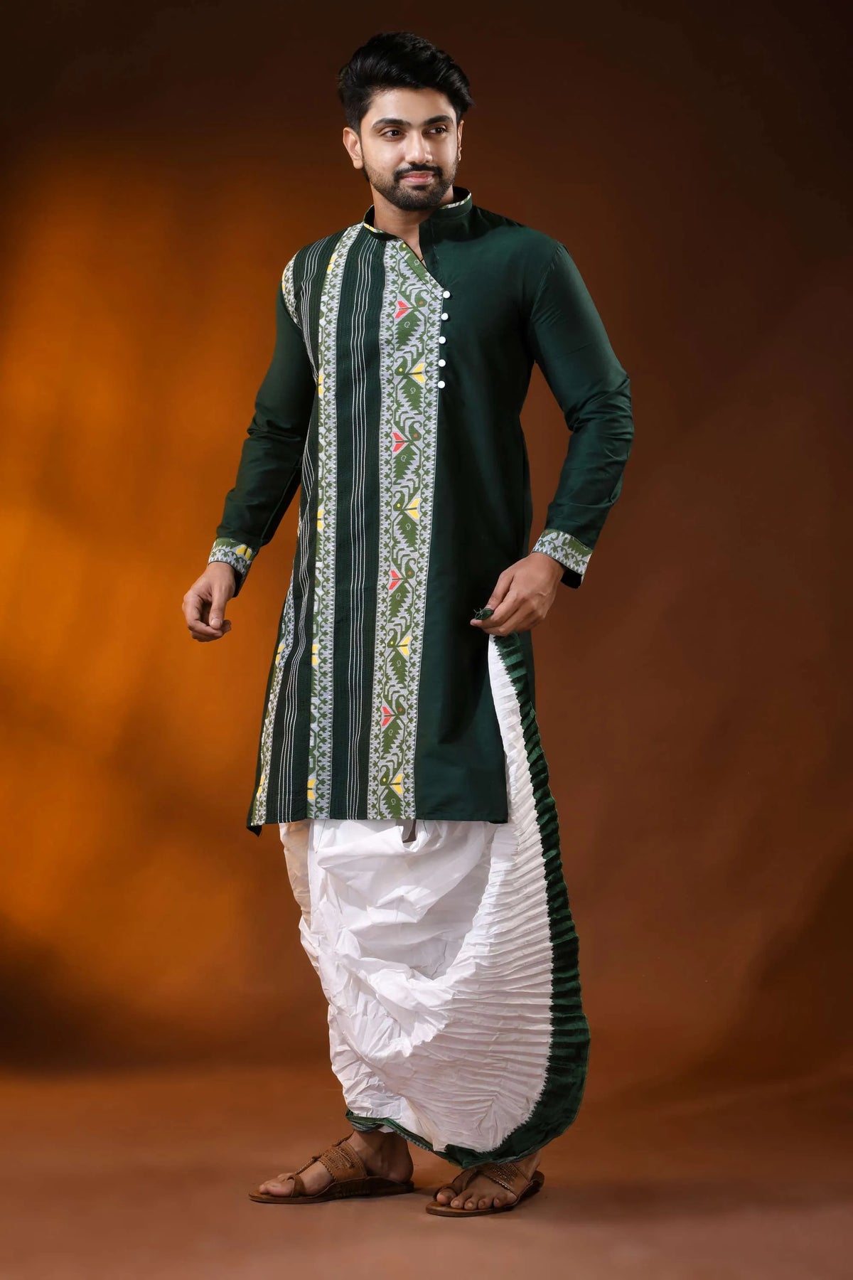 Forest green cotton silk jamdani punjabi for men - ethnic design 3