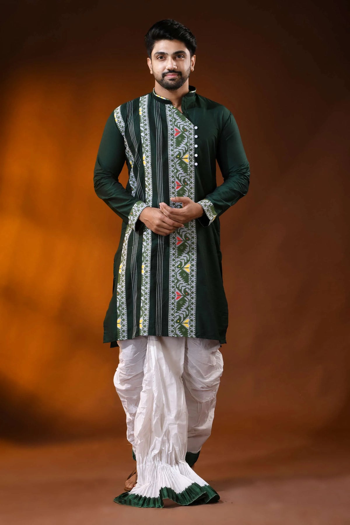Forest green cotton silk jamdani punjabi for men - ethnic design 1