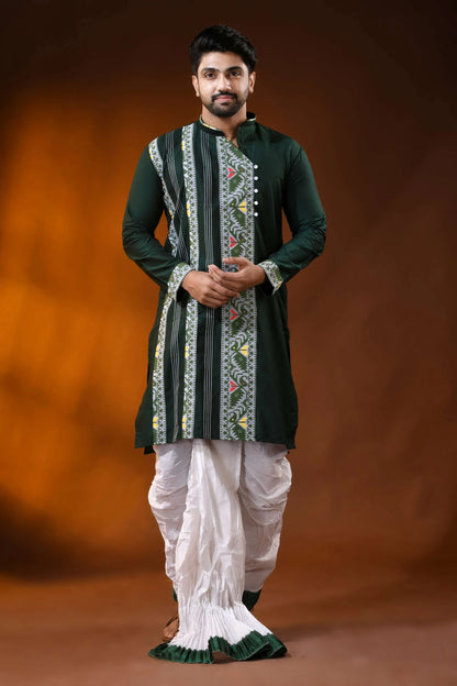 Forest green cotton silk jamdani punjabi for men - ethnic design 1
