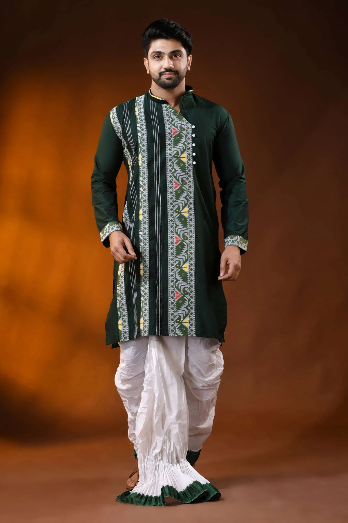 Forest green cotton silk jamdani punjabi for men - ethnic design 6