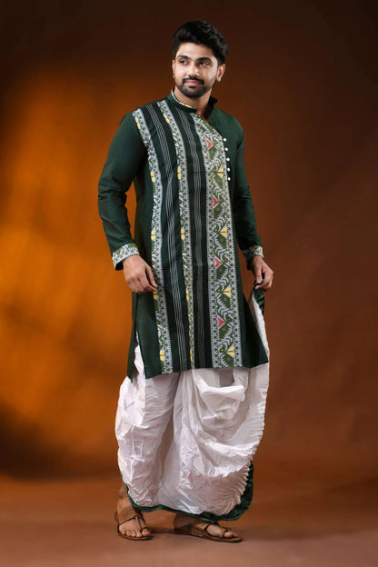Forest green cotton silk jamdani punjabi for men - ethnic design 4