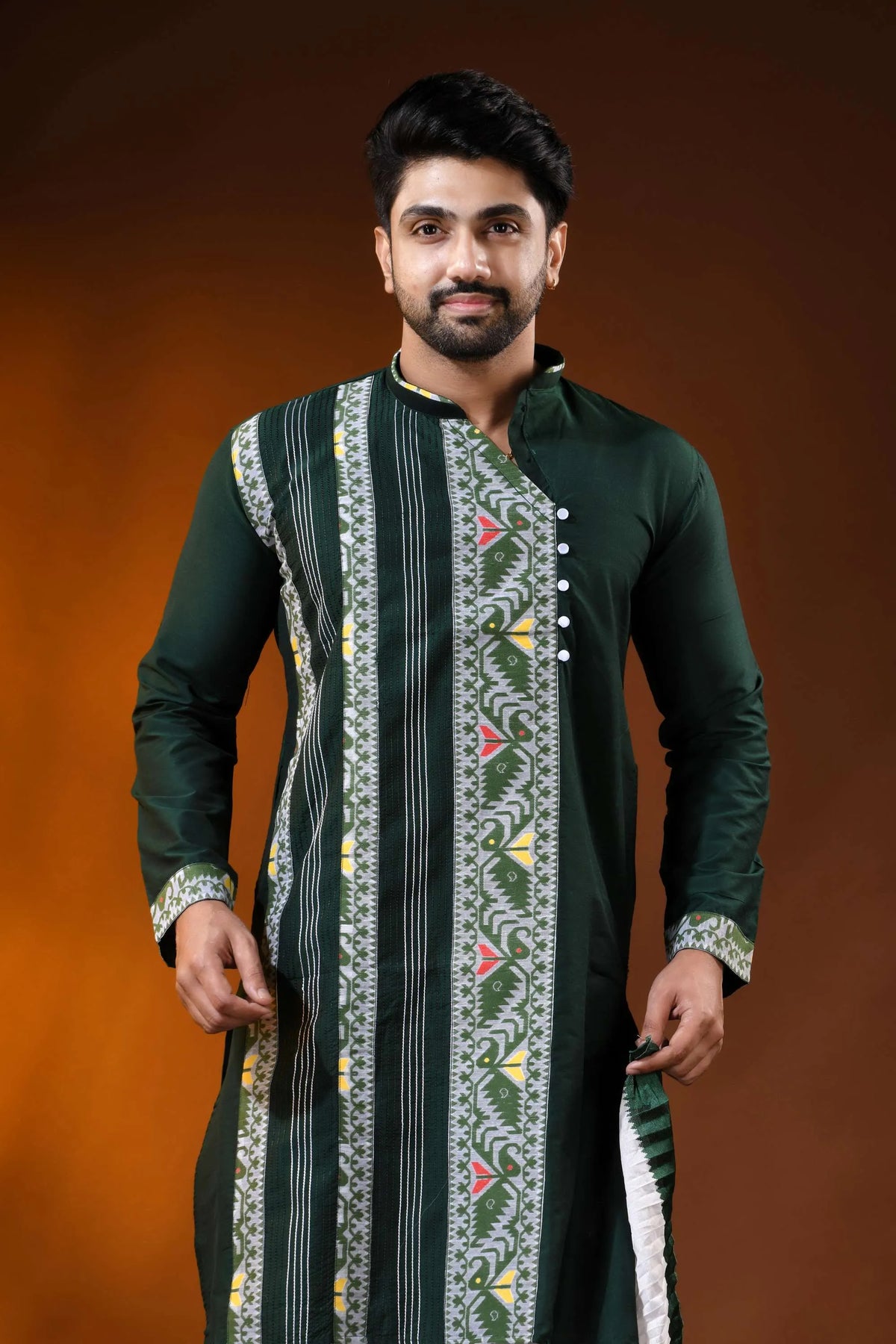 Forest green cotton silk jamdani punjabi for men - ethnic design 2