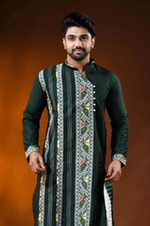Forest green cotton silk jamdani punjabi for men - ethnic design 2