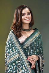 Forest green floral pattern hand embroidery silk kantha saree emerald green saree intricate gold 2