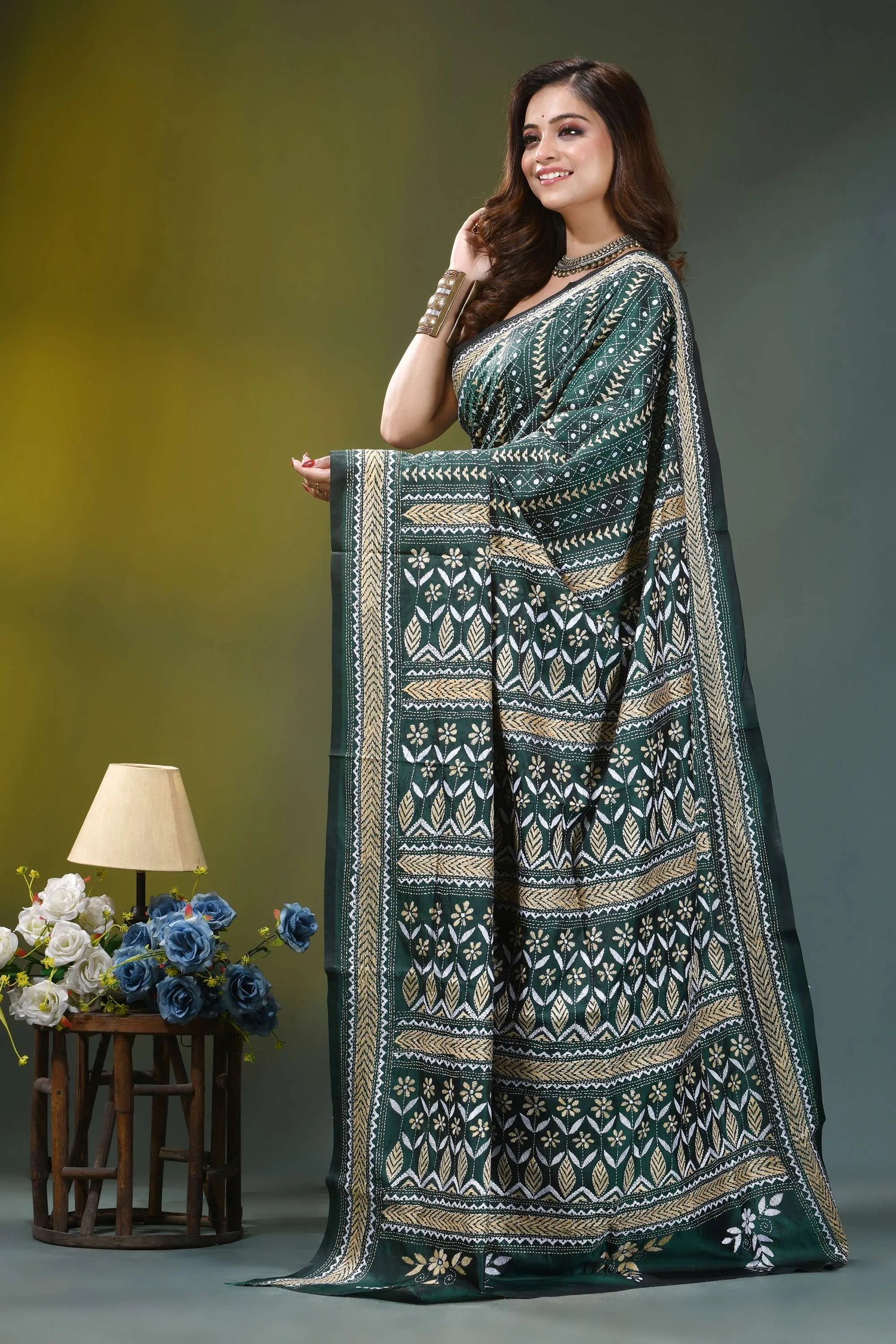 Forest green floral pattern hand embroidery silk kantha saree dark green saree intricate white 3
