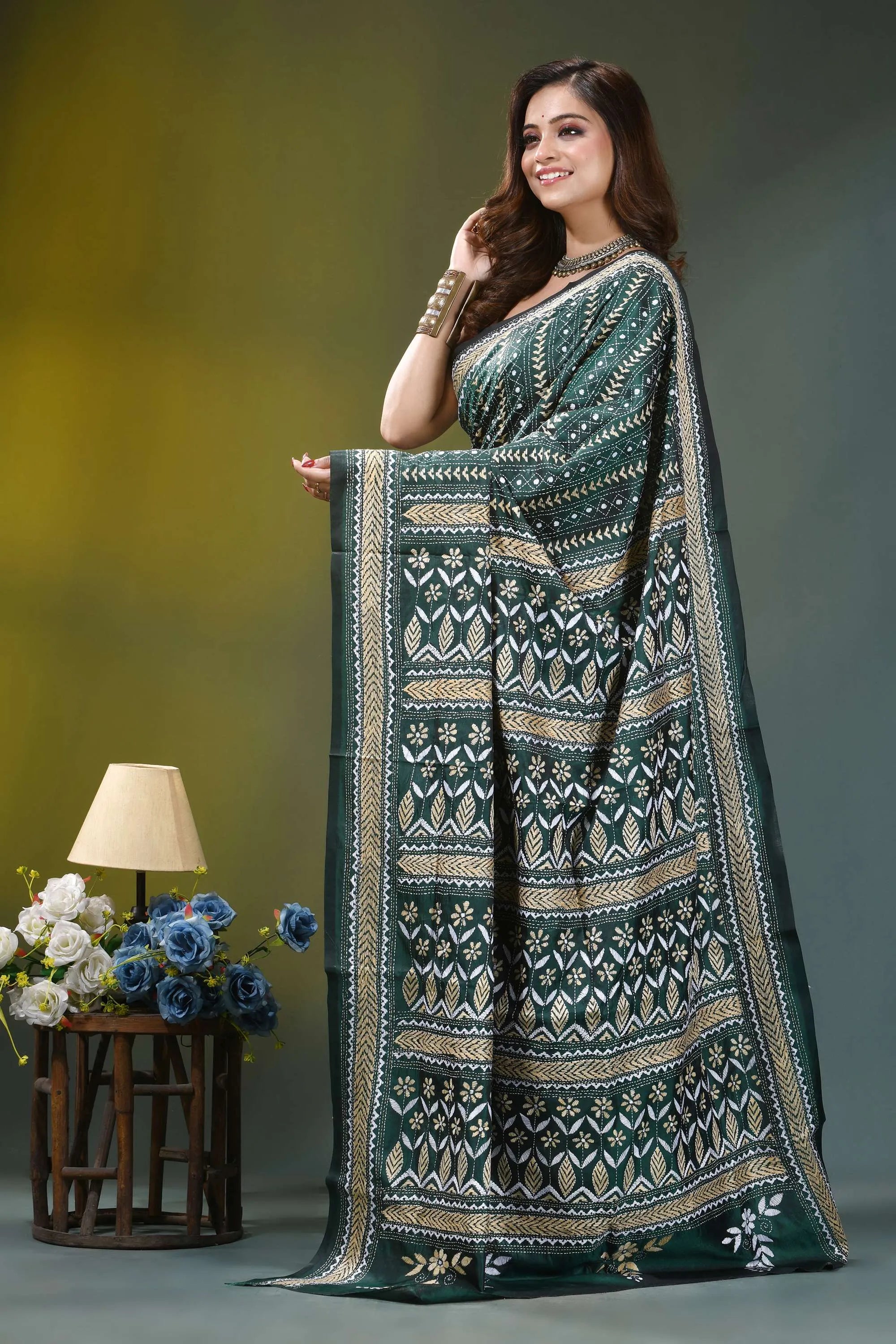 Forest green floral pattern hand embroidery silk kantha saree dark green saree intricate white 3