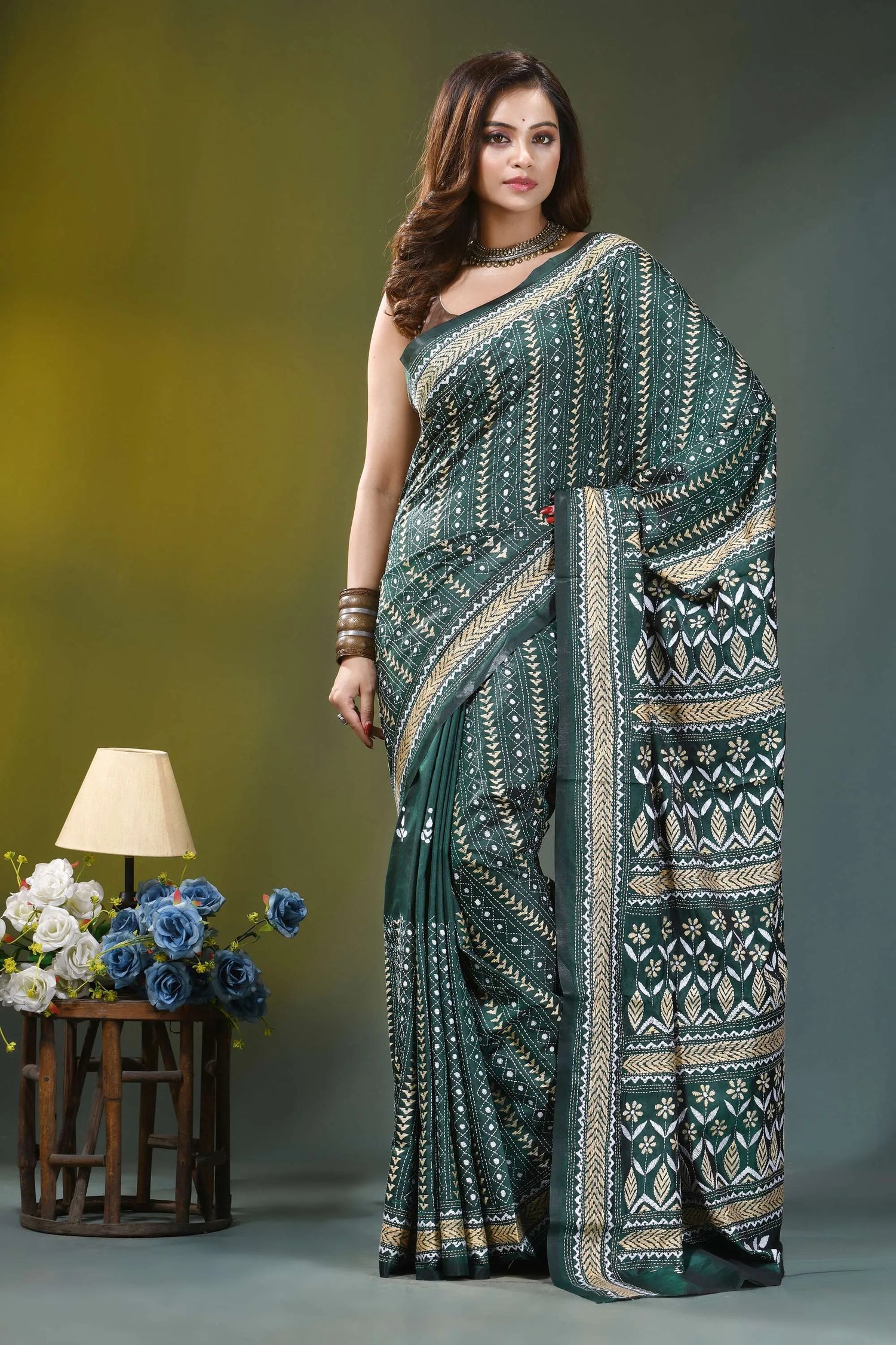 Forest green floral pattern hand embroidery silk kantha saree emerald green saree intricate white 1