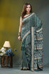 Forest green floral pattern hand embroidery silk kantha saree emerald green saree intricate white 1