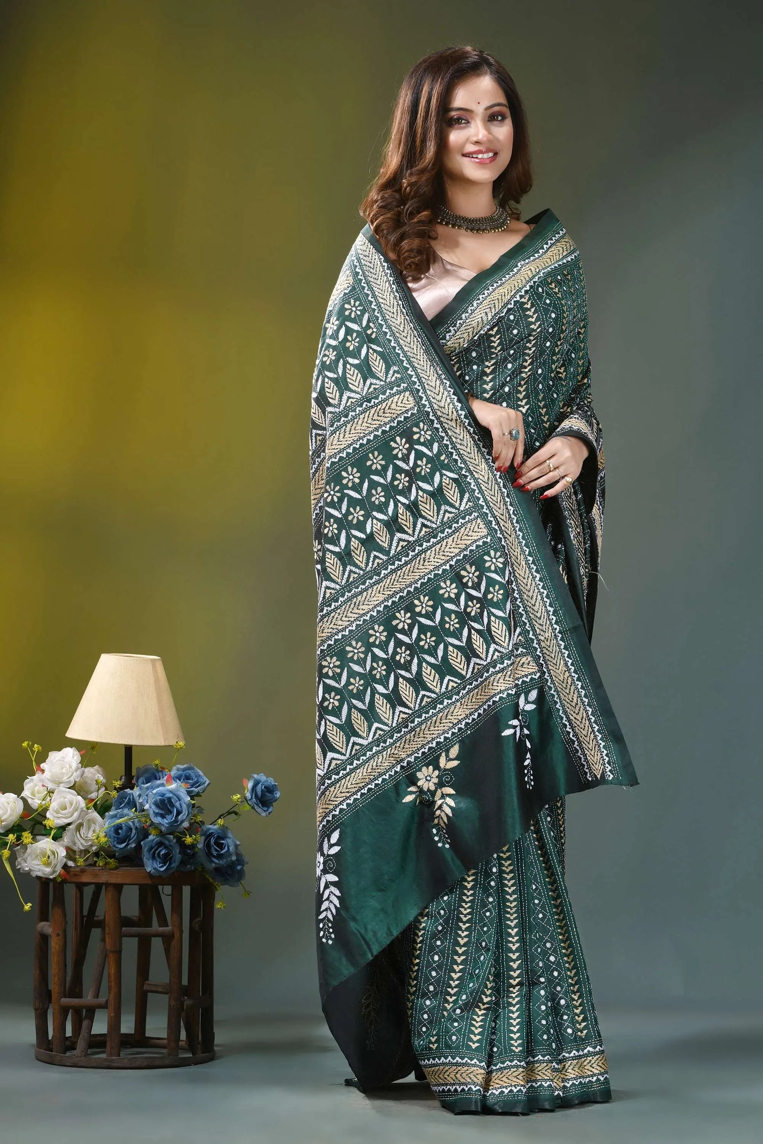 Forest green floral pattern hand embroidery silk kantha saree woman wears elegant dark green 6