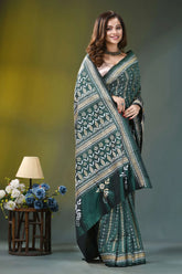 Forest green floral pattern hand embroidery silk kantha saree woman wears elegant dark green 6