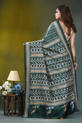 Forest green floral pattern hand embroidery silk kantha saree deep green silk saree intricate 5