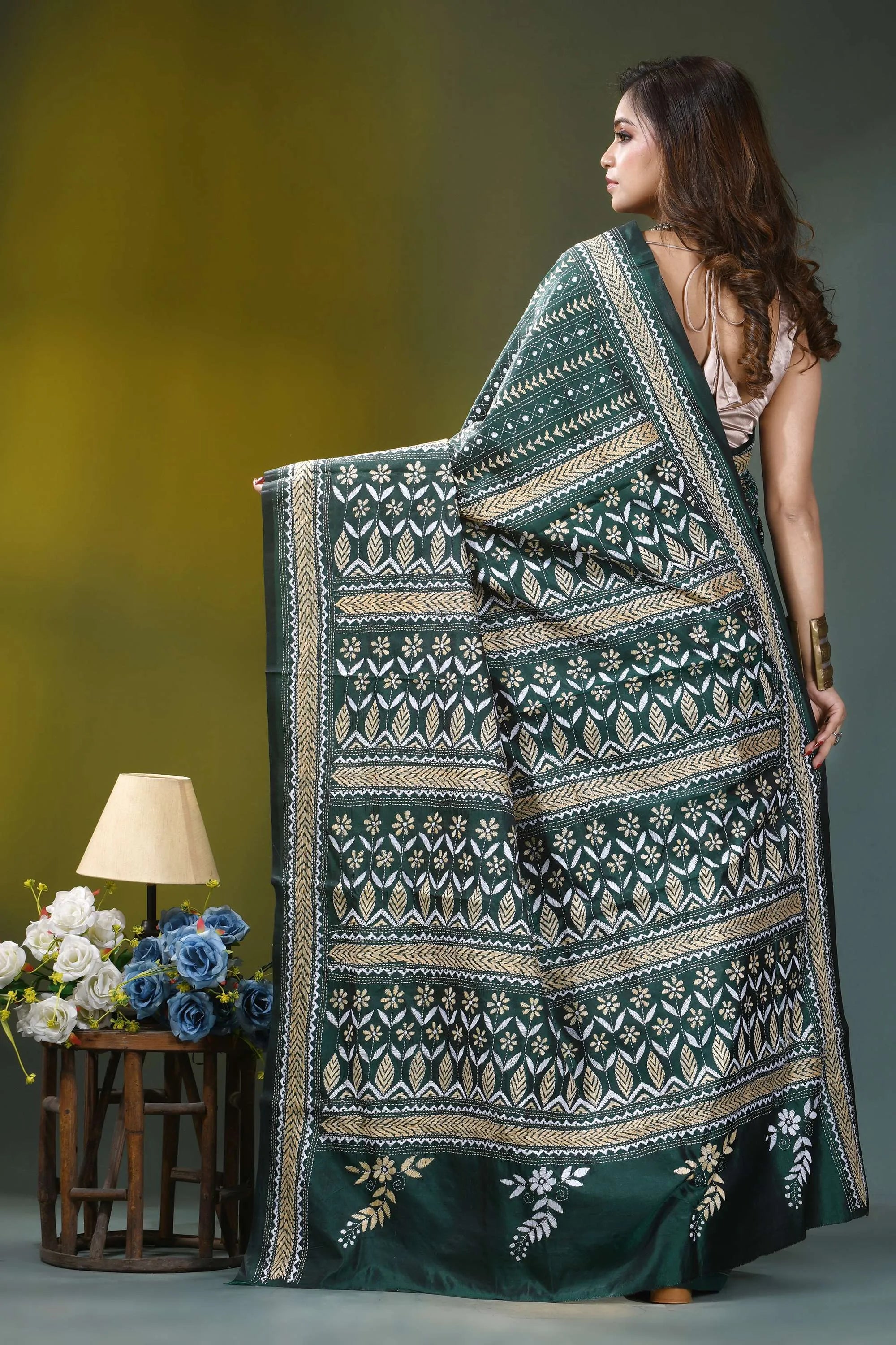 Forest green floral pattern hand embroidery silk kantha saree deep green silk saree intricate 5
