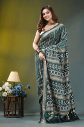 Forest green floral pattern hand embroidery silk kantha saree dark green saree intricate white 4