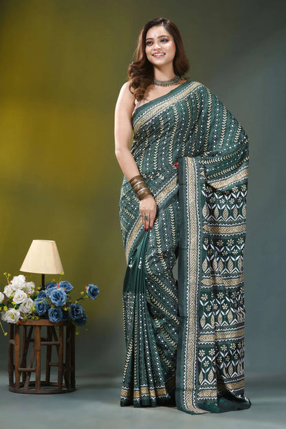 Forest green floral pattern hand embroidery silk kantha saree emerald green silk saree intricate 7