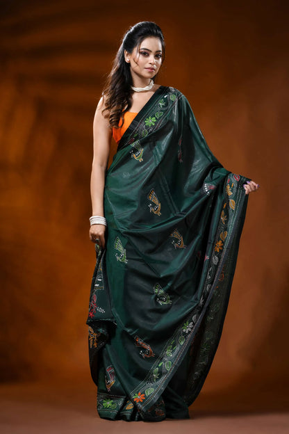 Forest green handcrafted silk kantha saree with peacock bird motif 4