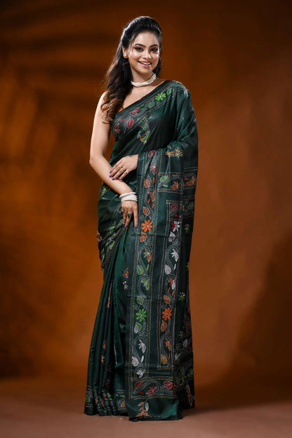 Forest green handcrafted silk kantha saree with peacock bird motif 1