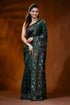 Forest green handcrafted silk kantha saree with peacock bird motif 1
