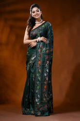 Forest green handcrafted silk kantha saree with peacock bird motif 6