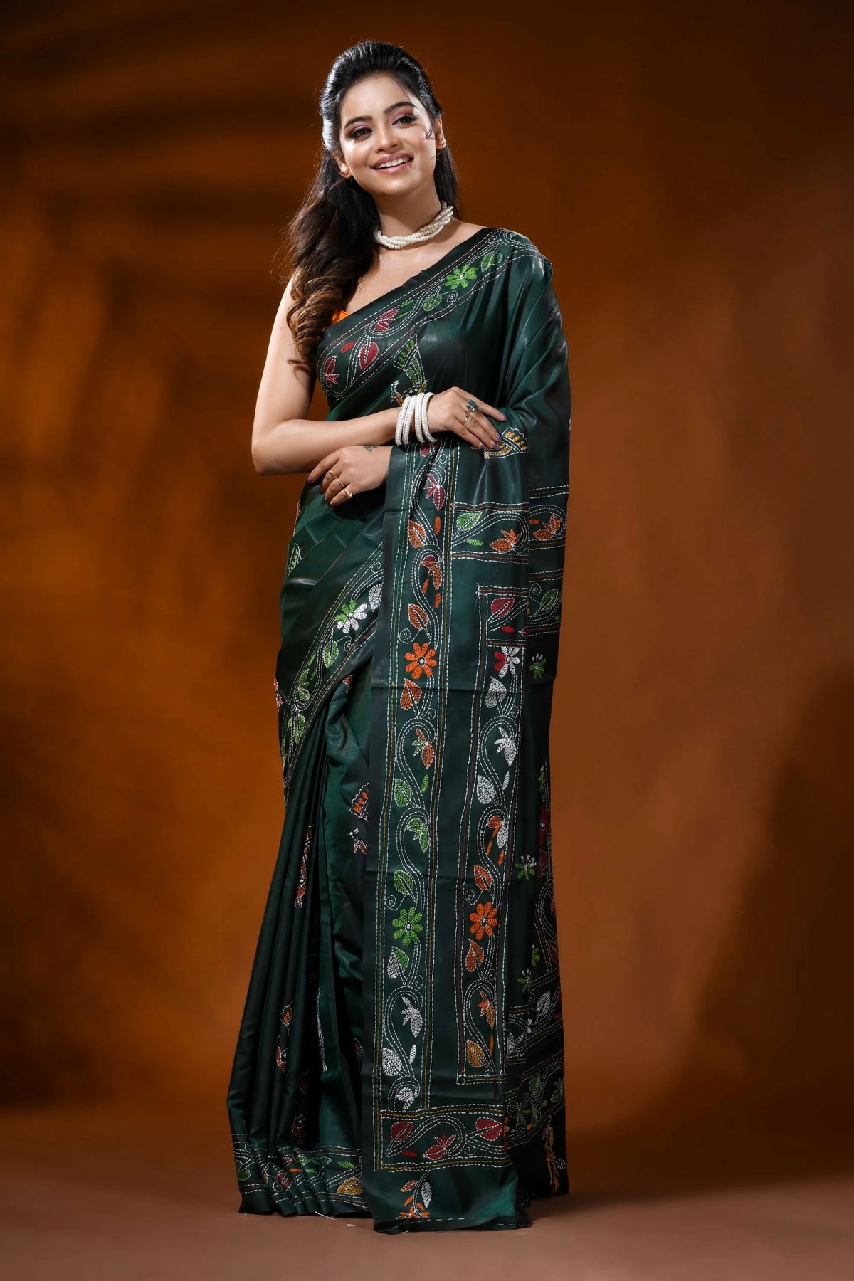 Forest green handcrafted silk kantha saree with peacock bird motif 6