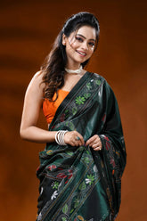 Forest green handcrafted silk kantha saree with peacock bird motif 2