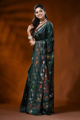Forest green handcrafted silk kantha saree with peacock bird motif 3