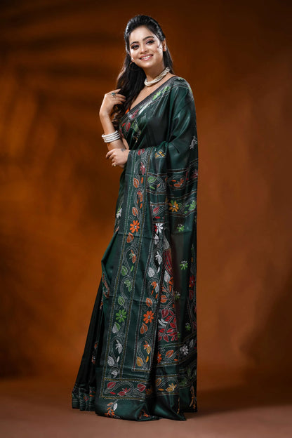 Forest green handcrafted silk kantha saree with peacock bird motif 3