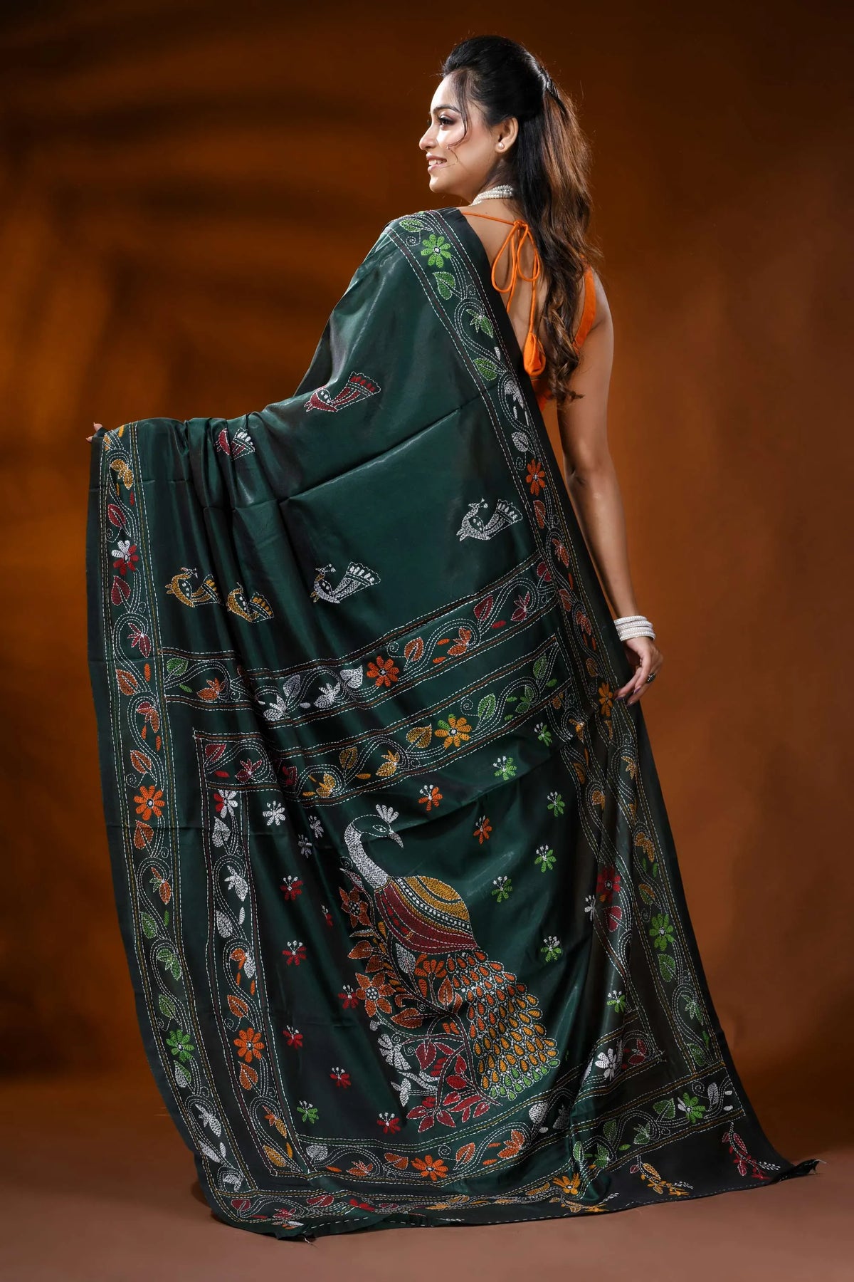 Forest green handcrafted silk kantha saree with peacock bird motif 5